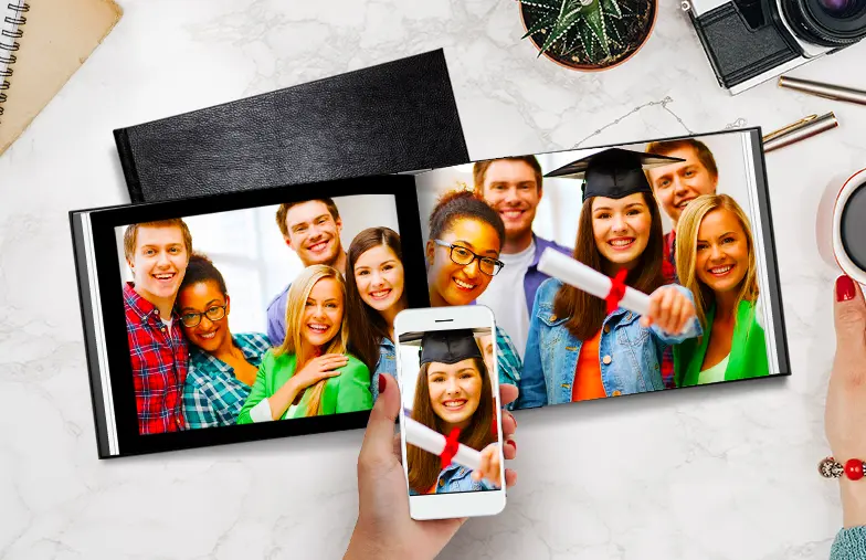 Leather Cover Custom Photo Book by Printerpix|Custom Printerpix photo book with leather cover and personalized design|Custom made photo book open on table with photo collage of family photos|Wedding and bride photos in custom printed photo album by Printerpix|Couple look at leather cover custom photo book made by Printerpix|Old couple print large custom photos in leather photo album|||||