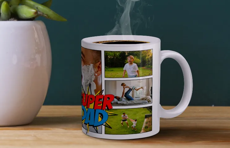 Super dad collage mug in use