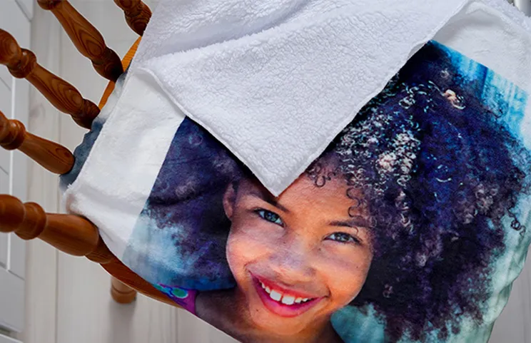 |Mother and baby wrapped in sherpa blanket|Custom printerpix sherpa blanket on bed|Custom printerpix sherpa blanket hanging on chair|Sherpa blanket of dog|Custom printerpix sherpa blanket|||||