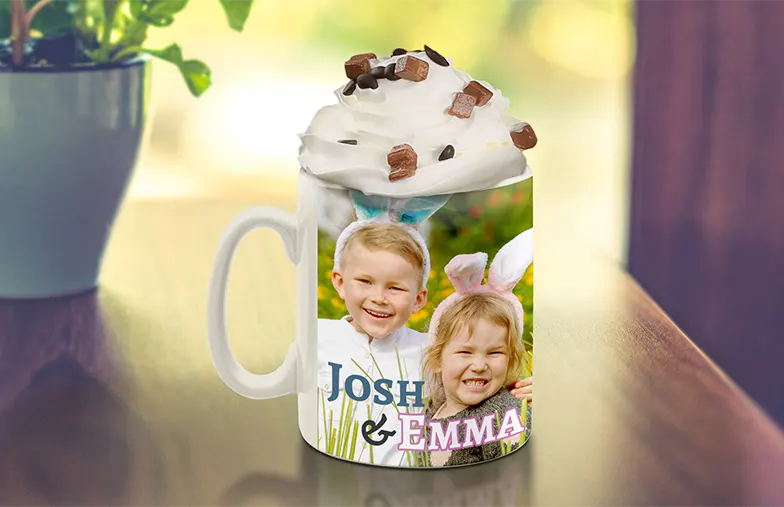 Personalised Photo Mug|Mum and baby holding Printerpix cartoon design custom mug with dad text|Personalised photo mug with picture of baby crawling wearing animal overall|Mom and daughter holding custom designed photo mugs with family photos|Kissing couple with personalized mugs with text on|Personalised photo mug with your own photo of a dog on|||||