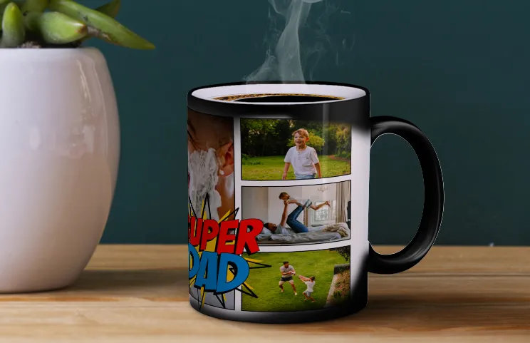Super dad collage magic mug in use