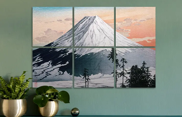 Photo Tiles Prints|Young boy reaching for cookie jar next to Printerpix custom photo prints of family|Romantic couple dancing in lounge in front of three custom photo tile prints|Man holding black dog in front of three black and white photo prints of dog|Man and woman looking at six photo tile prints with pictures of kids on|Married couple cuddling in front of four photo prints of them on holiday|||||