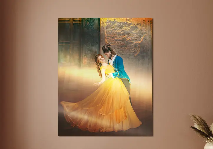 Metal Photo Print by Printerpix|Aluminium photo print of a moutain and a lake being held by woman made by Printerpix|Metal photo print of mom and daughter on bookshelf|A metal print on a wall with a landscape shot; a small metal print of two dogs|A metal print of a bridge with a city skyline in the background|Three metal prints of different sizes showing different landscapes|||||
