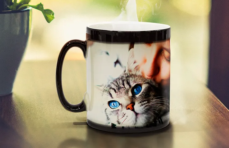 Magic heat changing photo mug with cat on
