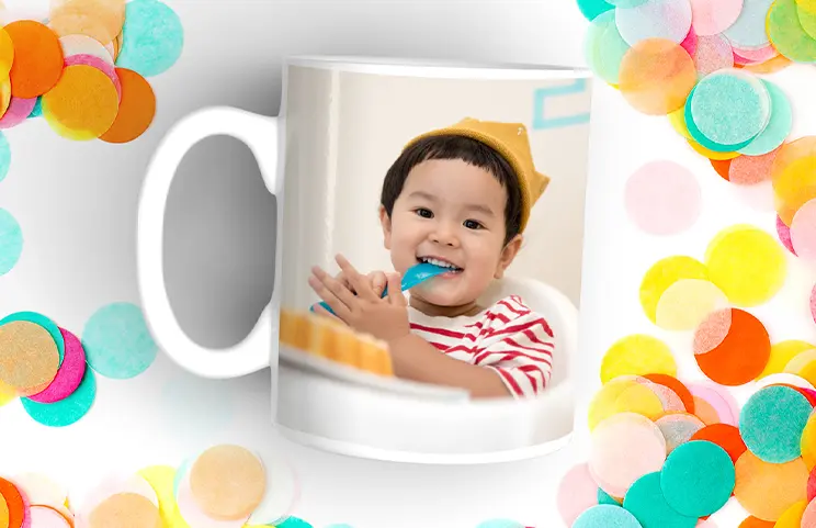Mum and baby holding Printerpix cartoon design custom mug with dad text