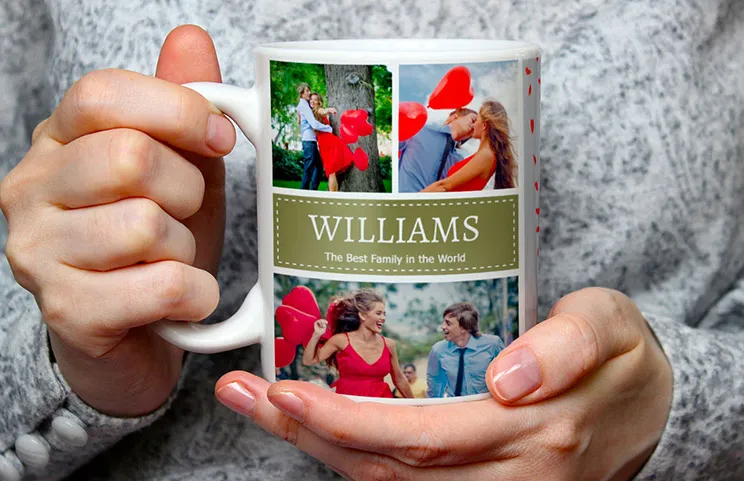 Custom designed mug with collage of photos of couple and their baby from Printerpix