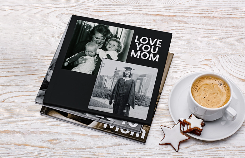 Custom printed Printerpix photo album with hard cover and large photos of young couple