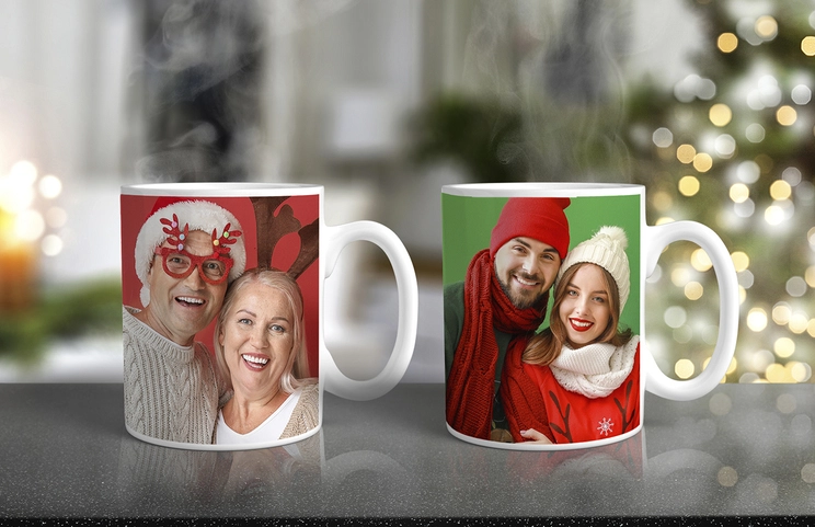 Personalised Photo Mug|Mum and baby holding Printerpix cartoon design custom mug with dad text|Personalised photo mug with picture of baby crawling wearing animal overall|Mom and daughter holding custom designed photo mugs with family photos|Kissing couple with personalized mugs with text on|Personalised photo mug with your own photo of a dog on|||||