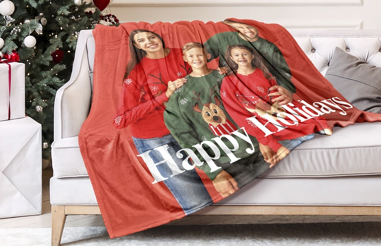 Custom Fleece Blanket by Printerpix|Custom fleece blanket of family on bed|Child holding custom fleece blanket with pets|Custom fleece blanket on a bed with family photo|Couple wrapped in custom fleece blanket|Custom fleece blanket on bed|||||