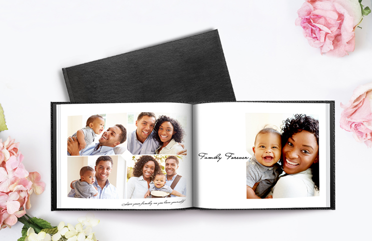 Leather Cover Custom Photo Book by Printerpix|Custom Printerpix photo book with leather cover and personalized design|Custom made photo book open on table with photo collage of family photos|Wedding and bride photos in custom printed photo album by Printerpix|Couple look at leather cover custom photo book made by Printerpix|Old couple print large custom photos in leather photo album|||||