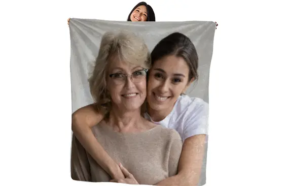 Custom Mink Touch Blanket by Printerpix|Printerpix custom blanket with photos of mother and daughter|Large custom blanket on double bed with picture of girl photo|Custom blanket image with size comparison|Custom blanket black and white collage image|Custom blanket with picture of dog|||||
