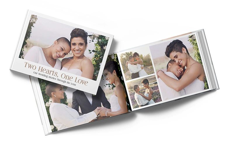 Custom printed Printerpix photo album with hard cover and large photos of young couple