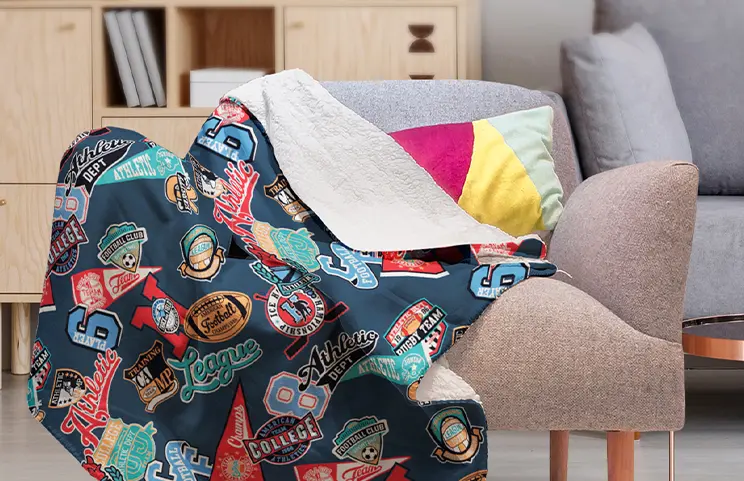 |Mother and baby wrapped in sherpa blanket|Custom printerpix sherpa blanket on bed|Custom printerpix sherpa blanket hanging on chair|Sherpa blanket of dog|Custom printerpix sherpa blanket|||||