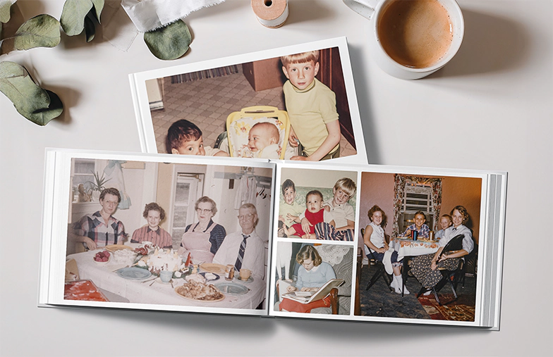 Custom printed Printerpix photo album with hard cover and large photos of young couple