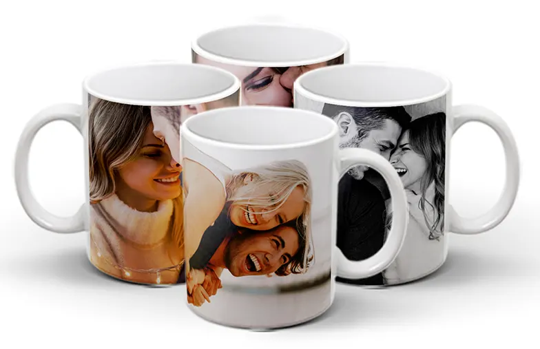 Personalised Photo Mug|Mum and baby holding Printerpix cartoon design custom mug with dad text|Personalised photo mug with picture of baby crawling wearing animal overall|Mom and daughter holding custom designed photo mugs with family photos|Kissing couple with personalized mugs with text on|Personalised photo mug with your own photo of a dog on|||||