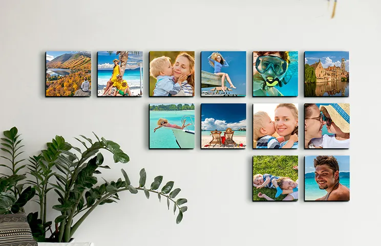 Young boy reaching for cookie jar next to Printerpix custom photo prints of family
