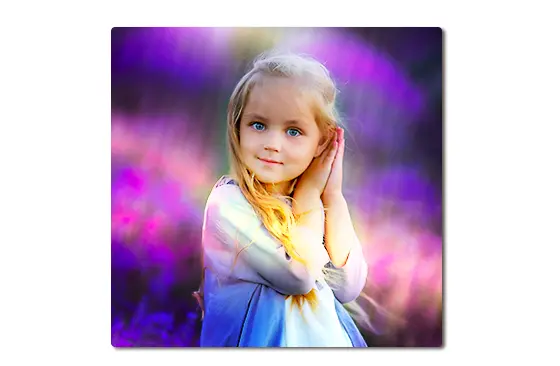Metal Photo Print by Printerpix|Aluminum photo print of a little girl, made by Printerpix|Metal photo print of mom and daughter on bookshelf|A metal print on a wall with a landscape shot; a small metal print of two dogs|A metal print of a bridge with a city skyline in the background|Three metal prints of different sizes showing different landscapes|||||