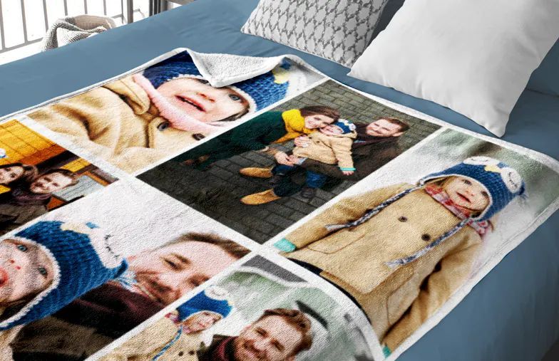 custom mink touch blanket on bed with photo collage