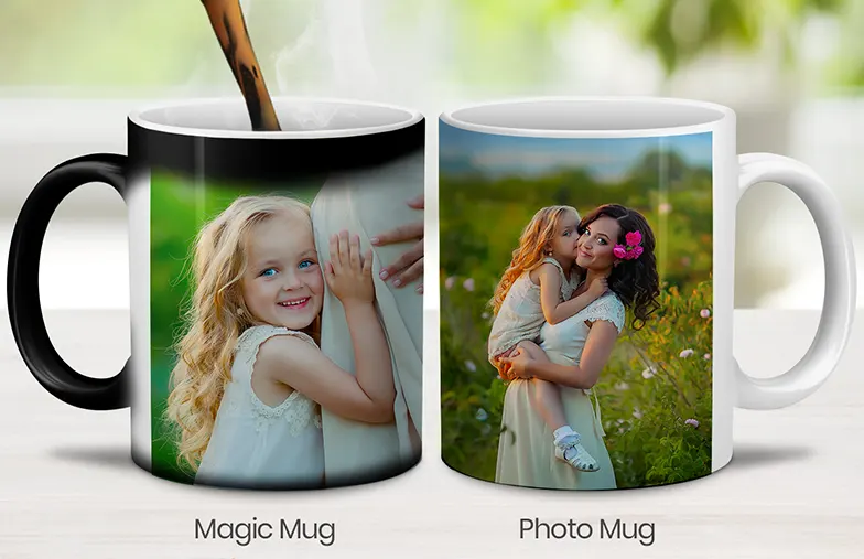Mum and baby holding Printerpix cartoon design custom mug with dad text