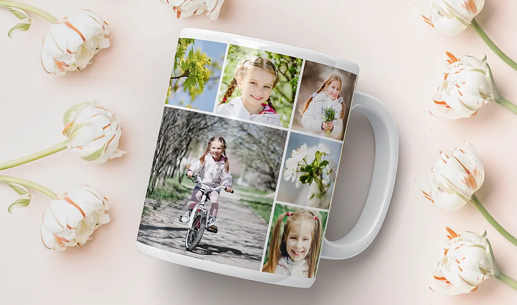 Photo Collage Mug|Custom designed mug with collage of photos of couple and their baby from Printerpix|Close up of custom photo mug with a photo collage of family photos and text|Close up of mug with picture collage of photos of a young couple|Girl holding mug with photo collage design of couple photos|Two custom photo mugs with romantic and family themed pictures and text|||||