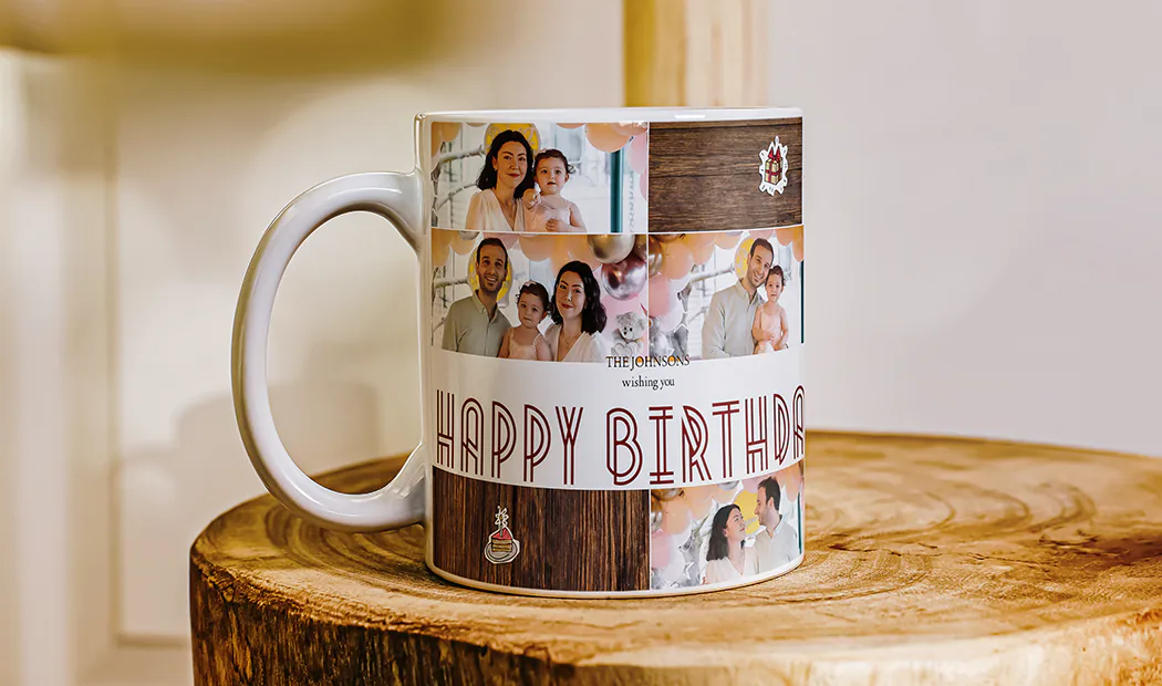 Custom designed mug with collage of photos of couple and their baby from Printerpix