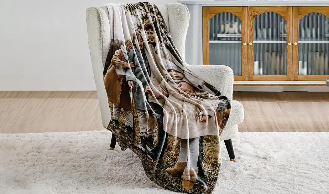 |Mother and baby wrapped in sherpa blanket|Custom printerpix sherpa blanket on bed|Custom printerpix sherpa blanket hanging on chair|Sherpa blanket of dog|Custom printerpix sherpa blanket|||||