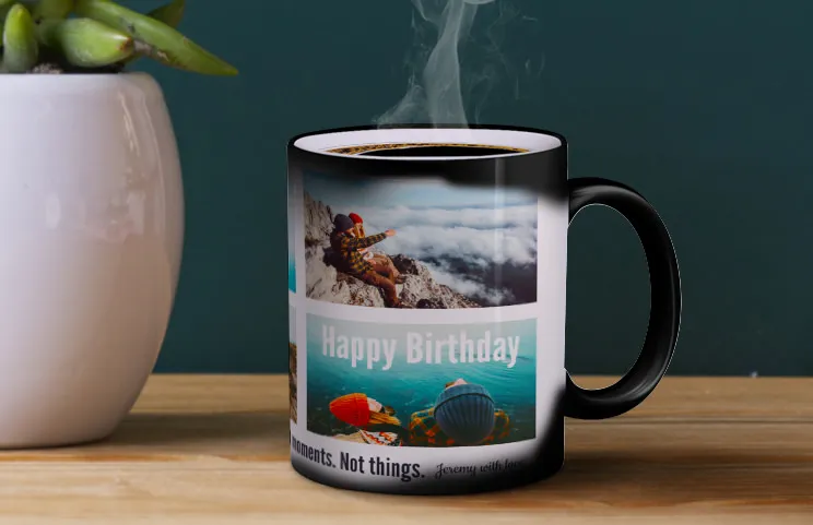 Birthday coffee mug - magic mug in use