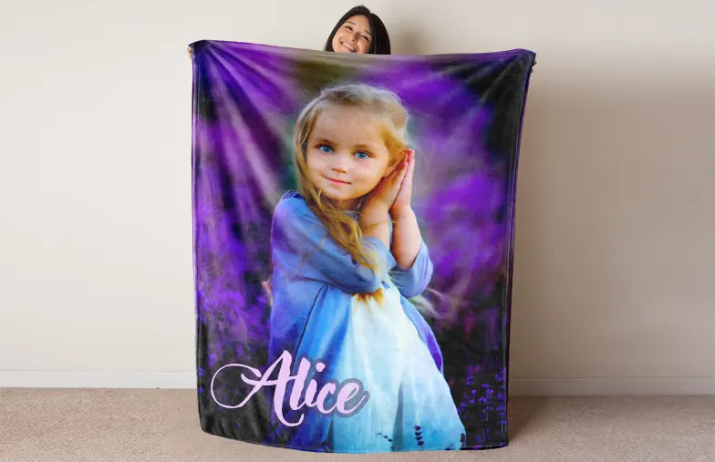 Large custom blanket on double bed with picture of girl photo