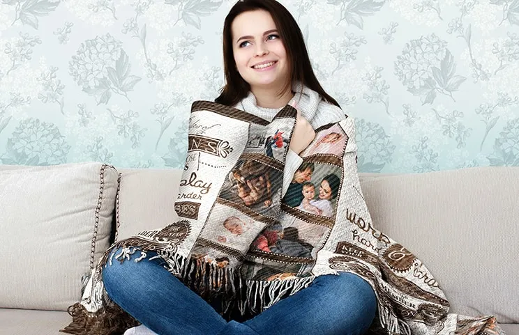 custom tapestry blanket on sofa