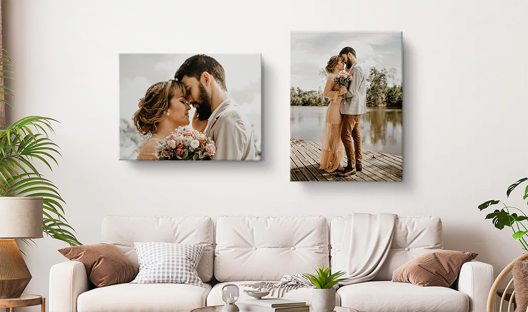 couple in love on 2 piece canvas wall display