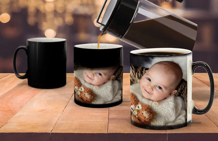 Personalised photo mug with picture of baby crawling wearing animal overall