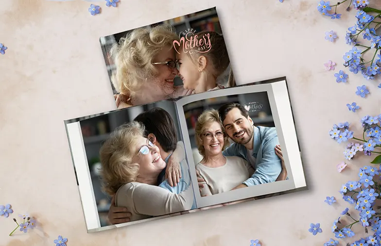 Printed personalized photo book with pictures of mother and son and photo cover