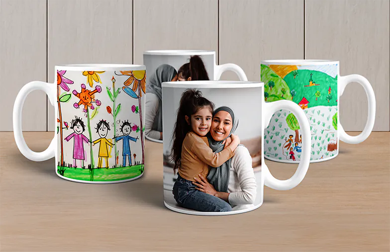 Personalised photo mug with picture of baby crawling wearing animal overall