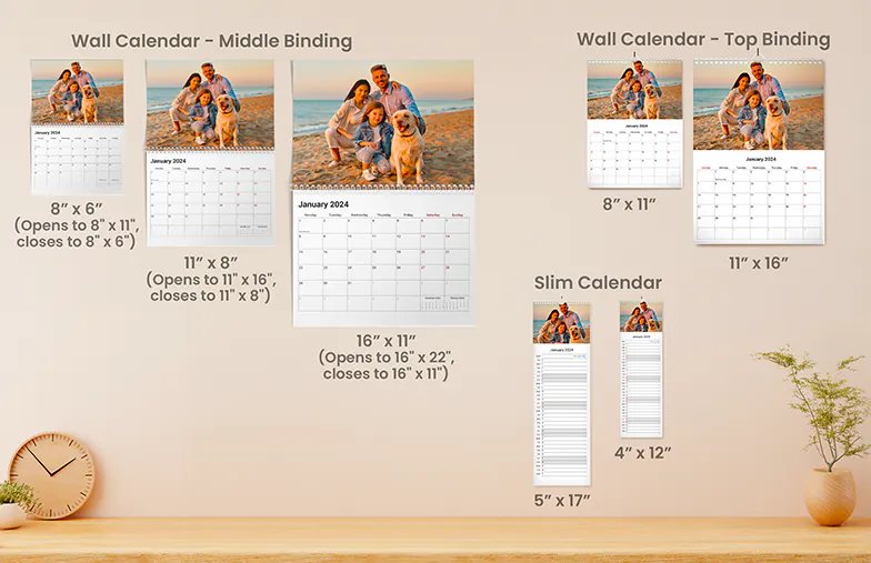 Kitchen calendar hung up on kitchen wall with family holiday photos on