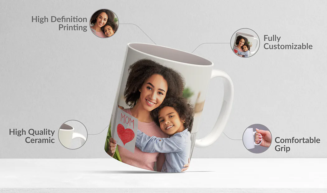 Mom and daughter holding custom designed photo mugs with family photos