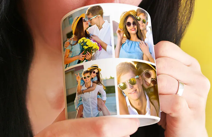 Close up of mug with picture collage of photos of a young couple
