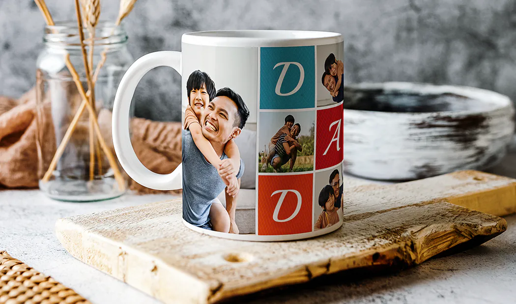Close up of mug with picture collage of photos of a young couple