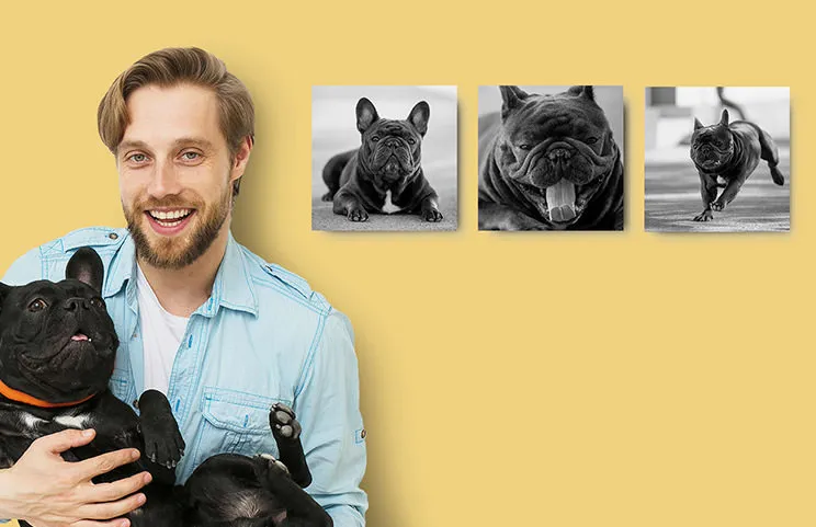 Man holding black dog in front of three black and white photo prints of dog