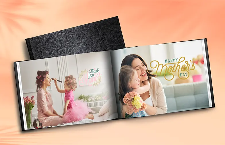 Couple look at leather cover custom photo book made by Printerpix