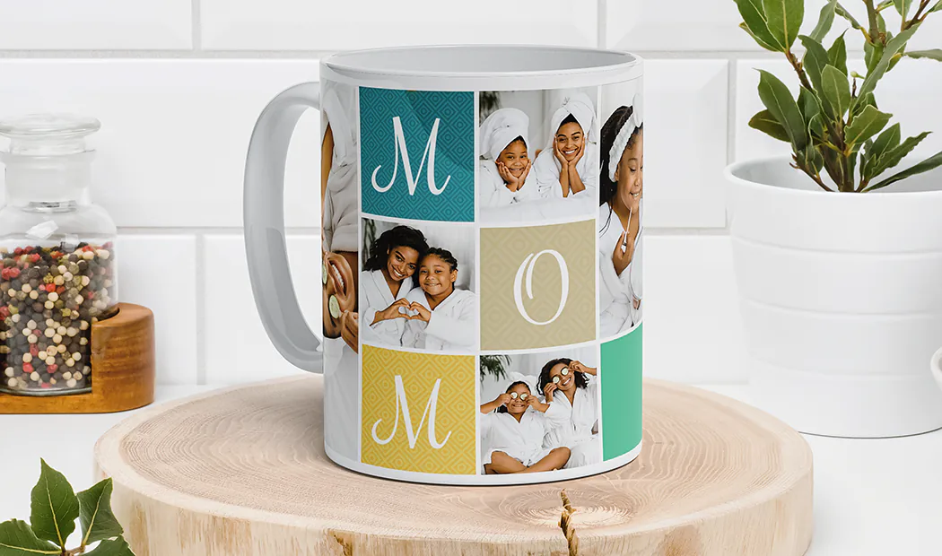 Girl holding mug with photo collage design of couple photos