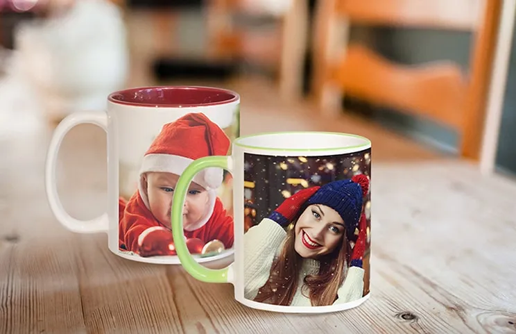 Two custom colored personalised coffee mugs with family photo collage