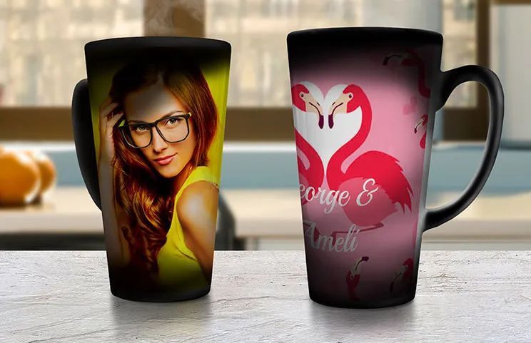 Two large coffee mugs with custom text and personalised photos