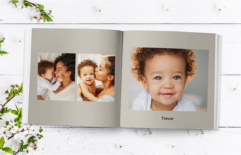 Family photo album with custom printed cover and family name text