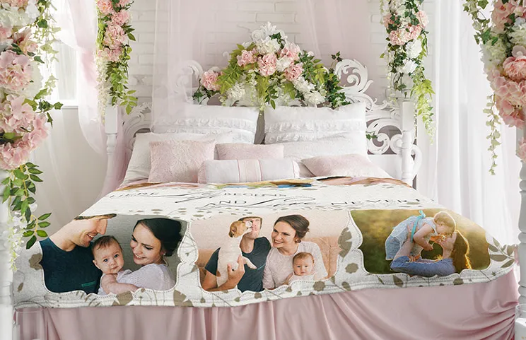 Custom fleece blanket on bed