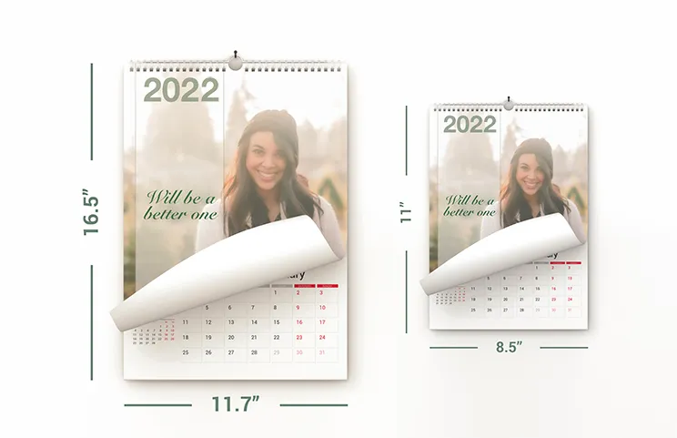 Dog photos on custom design photo calendar hung up on wall