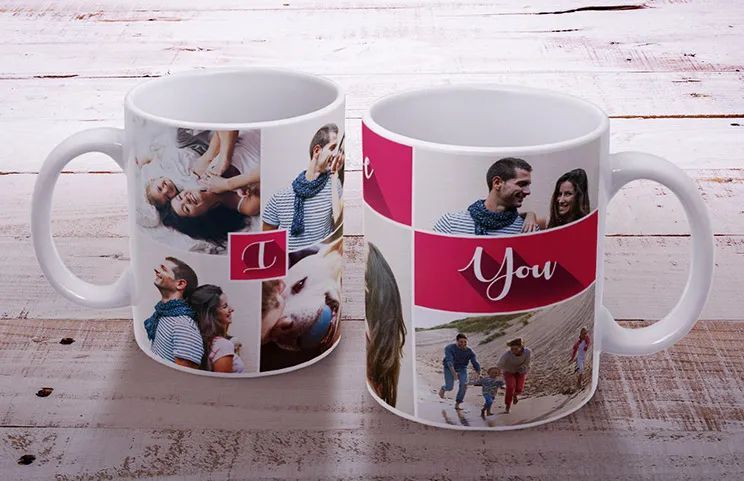Two custom photo mugs with romantic and family themed pictures and text