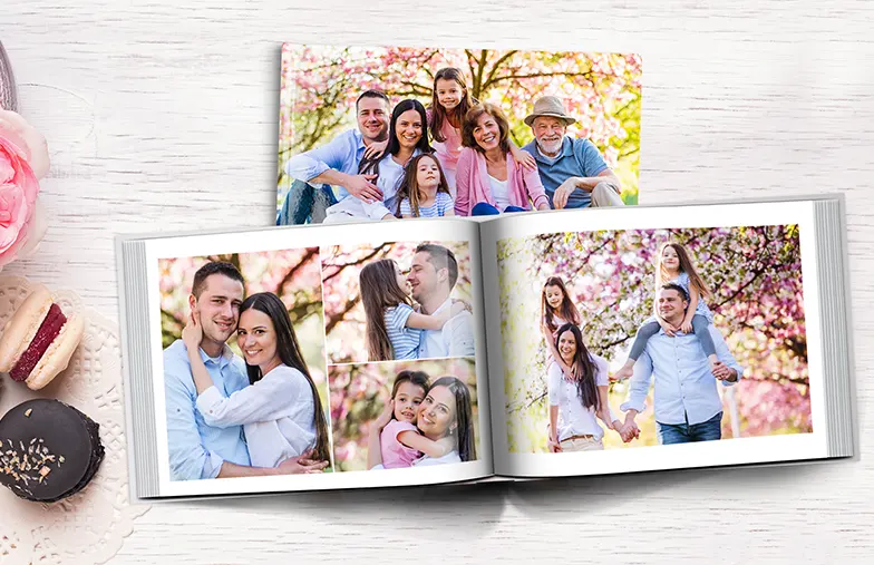 Family photo album with custom printed cover and family name text
