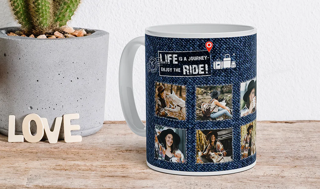 Two custom photo mugs with romantic and family themed pictures and text