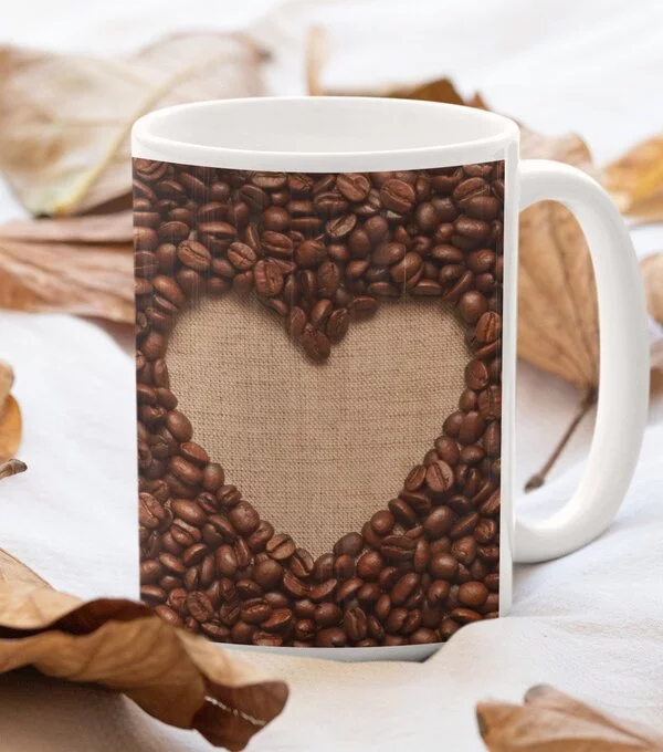 heart shaped coffee beans on custom mugs